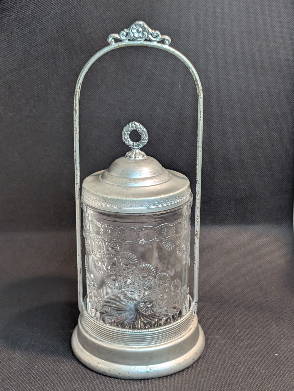 Antique Clear Glass Medallion Cottage Victorian Pickle Castor Metal Frame.